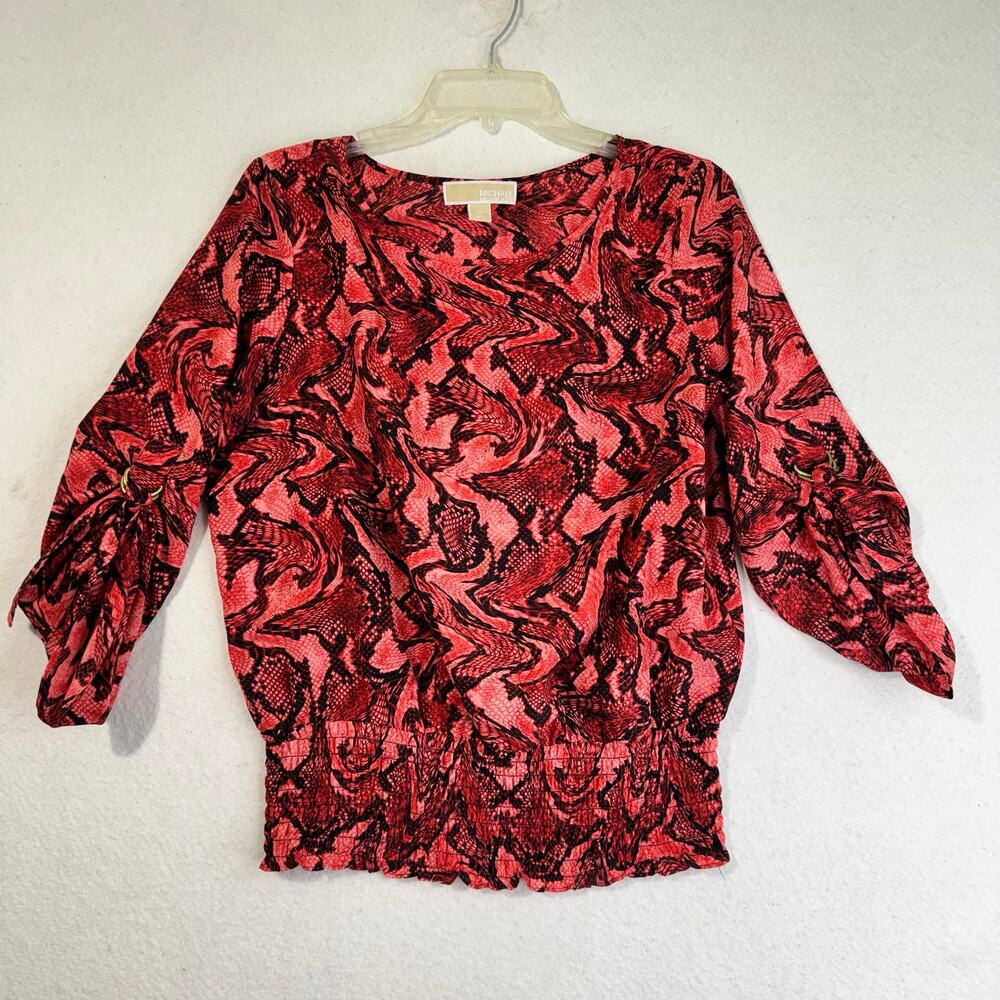 Michael Kors MK Black & Red Snake Skin Print Blouse 3/4 Roll Tab Sleeves Medium - Picture 2 of 7